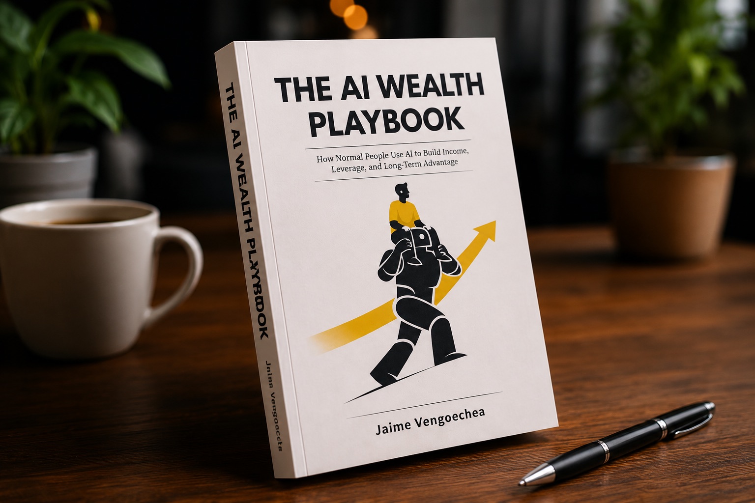 The AI Wealth Playbook book cover displayed on a desk with coffee and a pen
