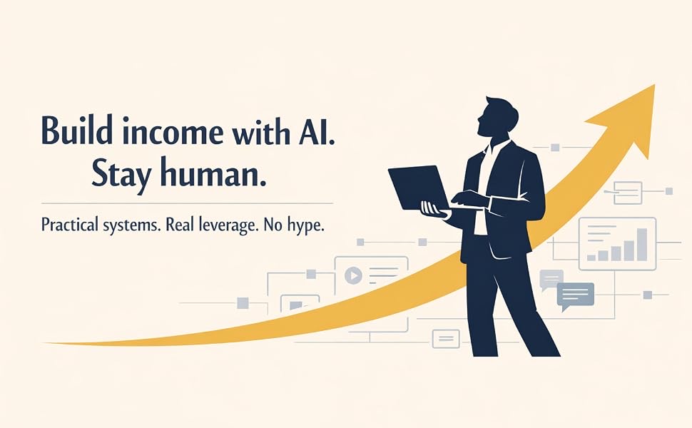 Book publisher illustration: Build income with AI. Stay human. Practical systems, real leverage, no hype.