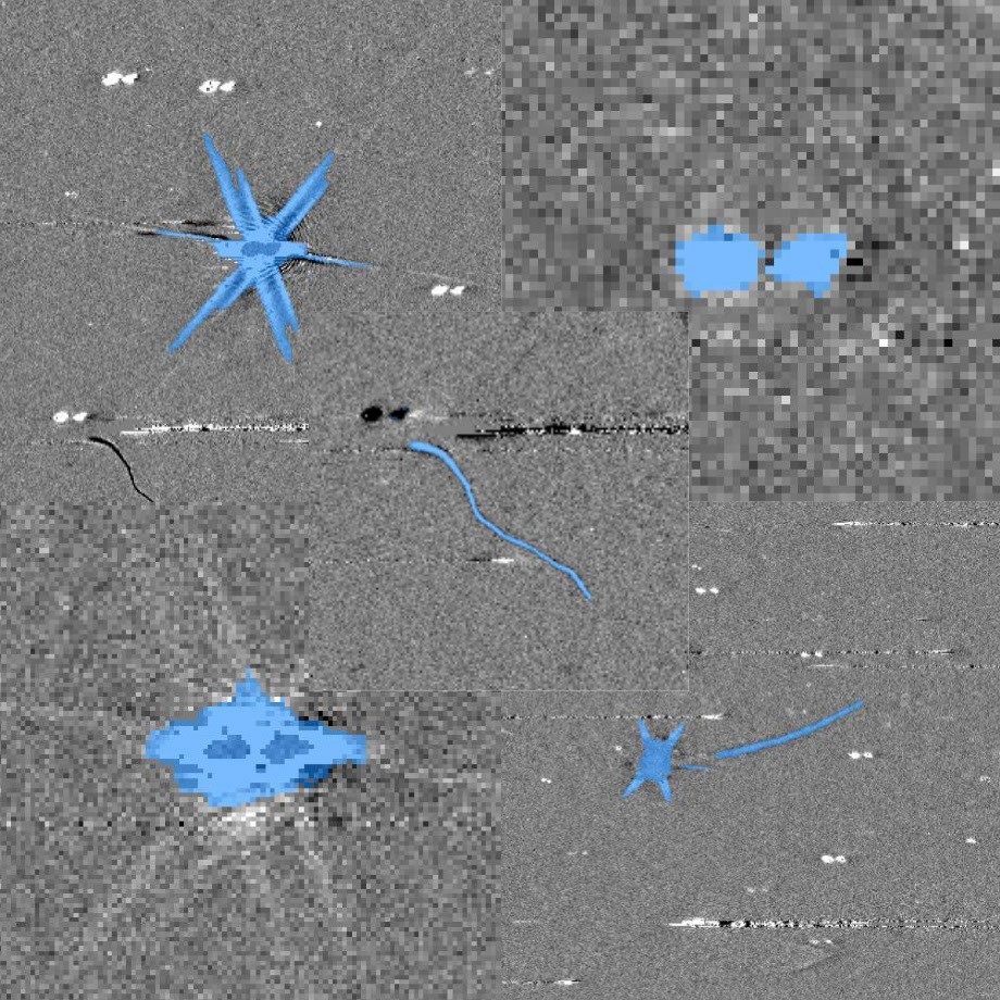 Euclid telescope data examples with blue masks marking possible image artifacts