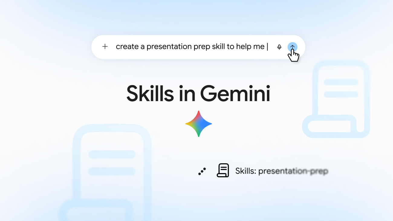 Google's Skills in Gemini announcement graphic with a presentation-preparation prompt