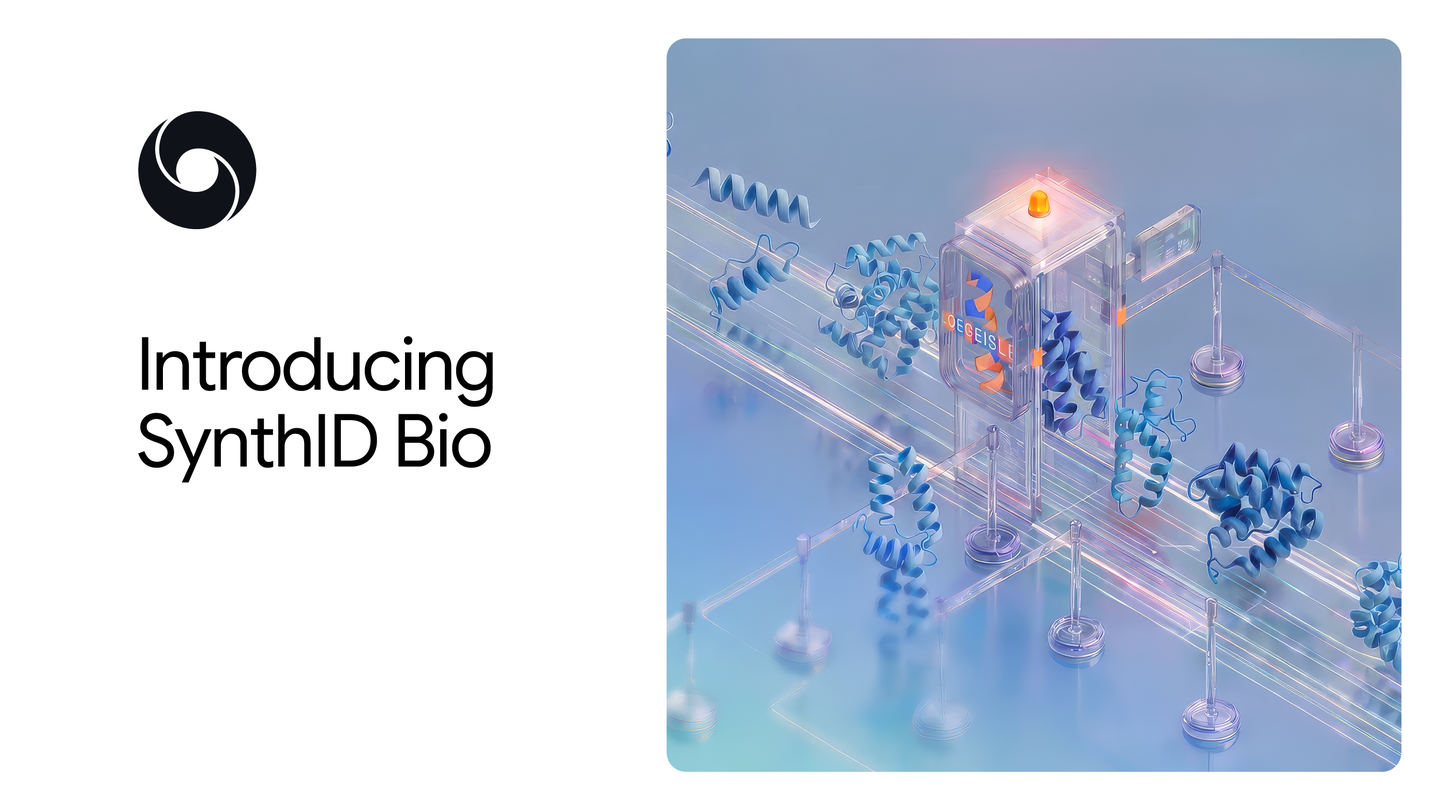 Google DeepMind's SynthID Bio title graphic with an illustrative protein-watermark checkpoint, not a laboratory photograph