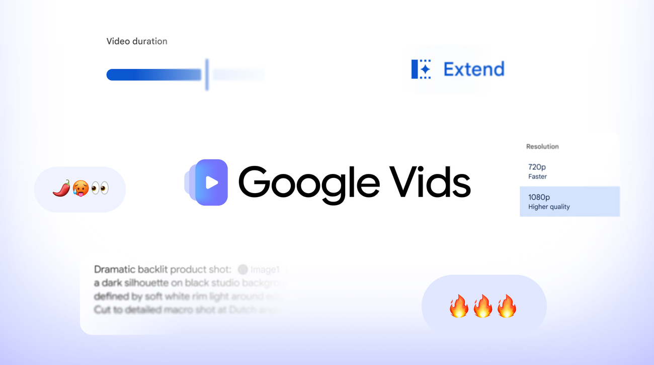 Google Vids promotional artwork showing video editing controls