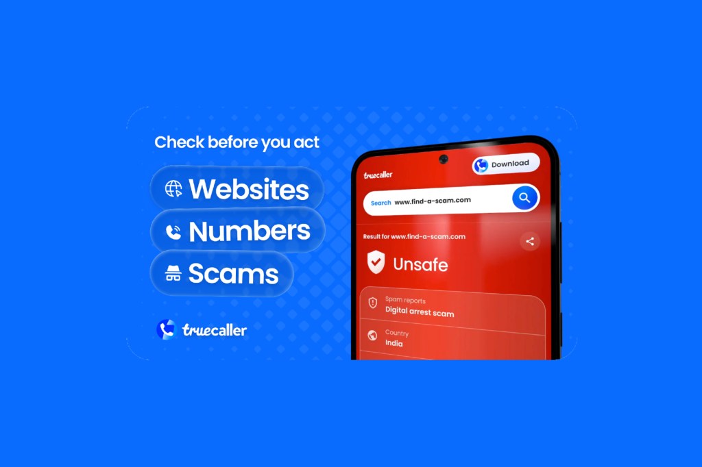 Truecaller Scam Checker product preview showing website and phone-number checks
